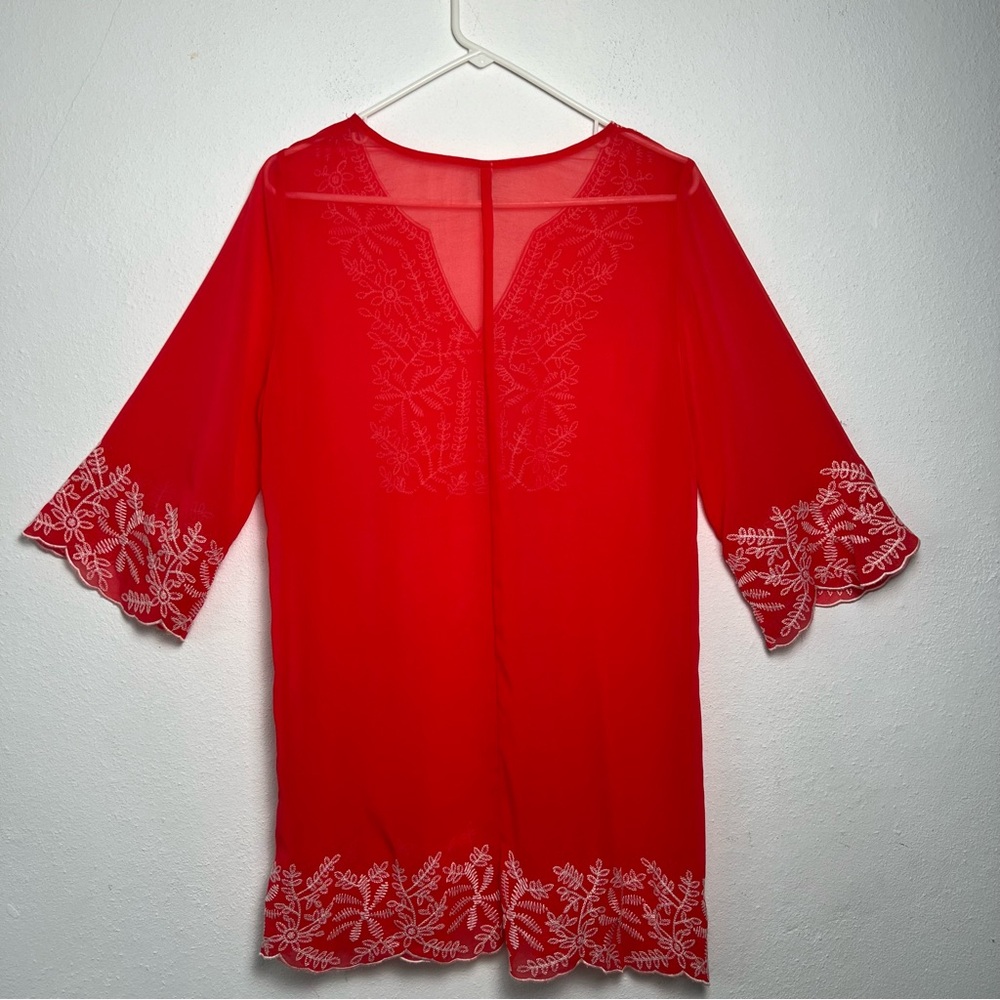 Monoreno Women’s Embroidered Tunic Top Size Medium V-Neck Cover-Up Coral Color - Picture 15 of 16
